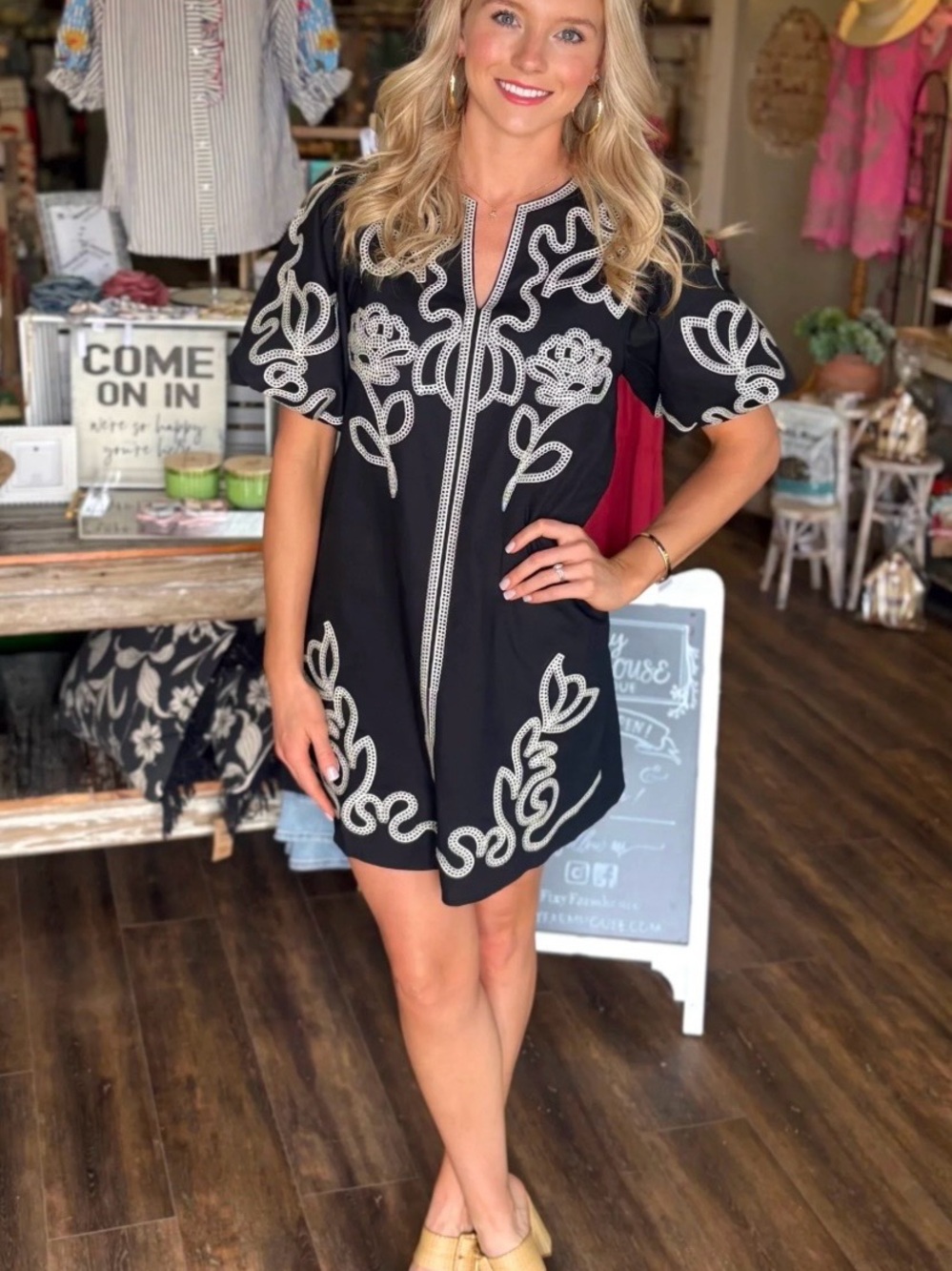 THML Black Tunic Dress with Cream Contrast Embroidery medium